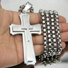 Huge Stainless Cross Men's Necklace Pendant Heavy Large Silver Polished 3 Layer