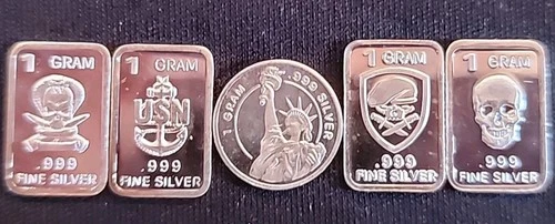 5 x 1 Gram .999 Fine Silver Bars and Round Lot Assorted Designs. Unique & Fun:)