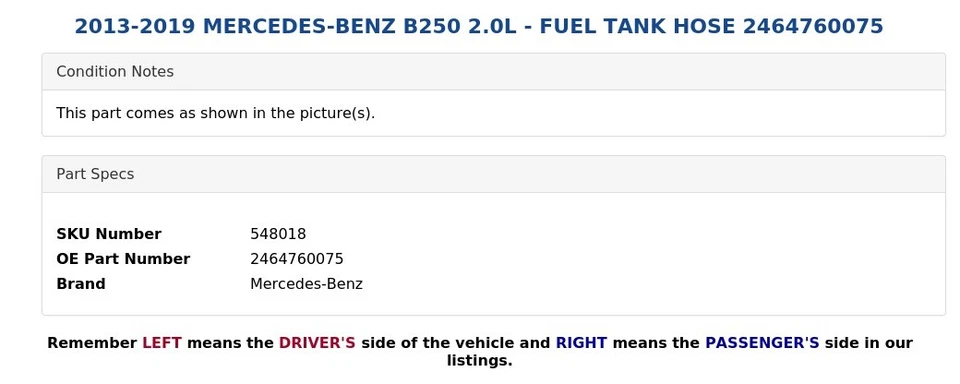 Mercedes-Benz B250 2013-2019 2,0 L - manguera del tanque de combustible 2464760075 Foto 4 de 4