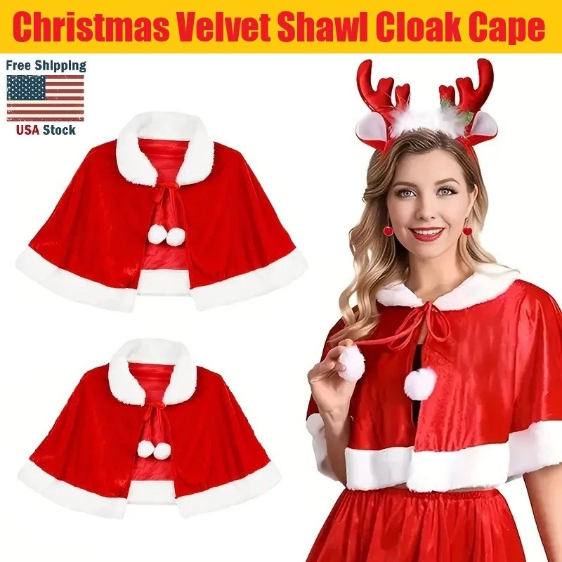 圣诞天鹅绒披肩斗篷角儿童和成人开普长袍假日派对服装 — 第 2/4 张图片