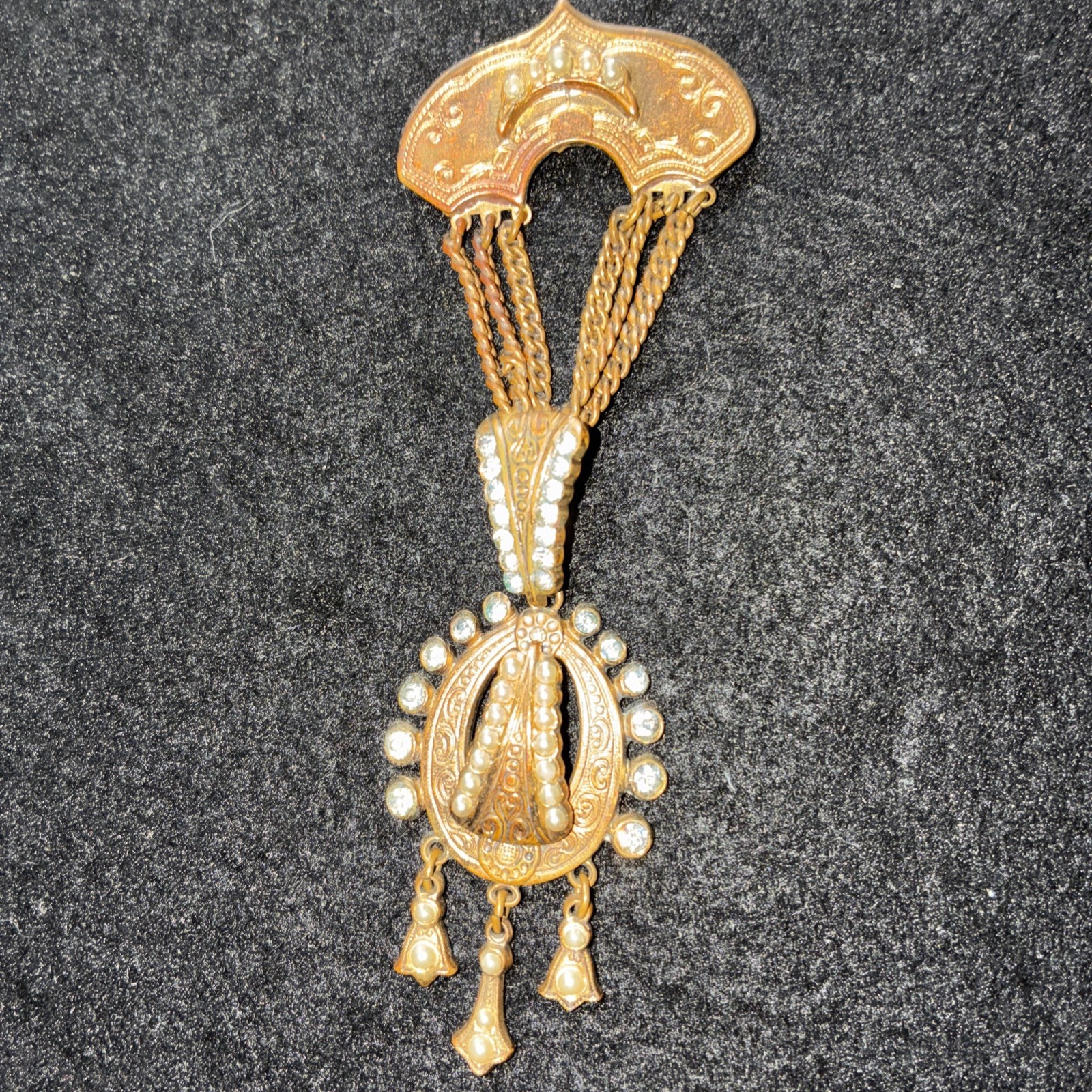 Vintage Victorian Revival Festoon Brooch Pendant Pearl Paste Brass Necklace