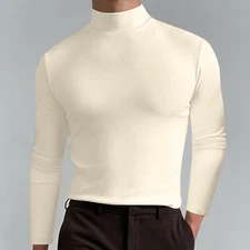 Mens Mock Neck T Shirts Pullover High Neck Turtleneck Premium Cotton Long Sleeve