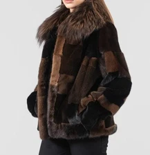 WOMEN'S BROWN REAL MINK FUR PATCHWORK JACKET FOX FUR COLLAR ALL SIZES PRESALE
