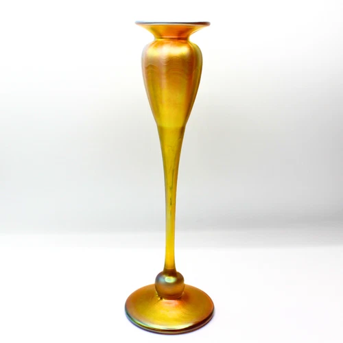 Antique Tiffany Favrile Style Candlestick Bud Vase Iridescent Gold Art Glass