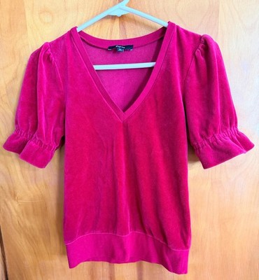 Vintage Express Short Puff Sleeves Ruched Cuffs Velour Red Banded Bottom Top XS