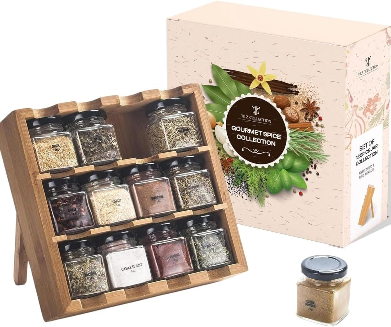 GEAR 3-Tier Wooden Spice Rack with 12 Glass Jars & Organic Spices Included