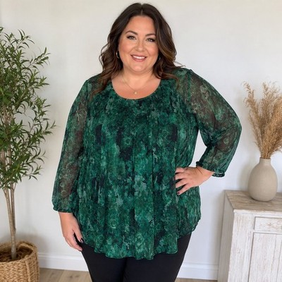 Cato Green Floral Sheer Long Sleeve Blouse Plus Size 22/24W