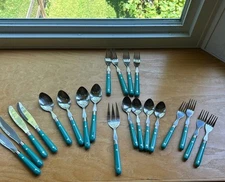 Lot of 21 WF Washington Forge Mardi Gras Turquoise Teal Blue Stainless Flatware