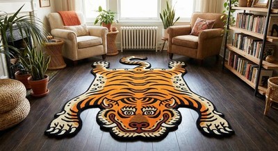 Hand Tufted Wool Area Rug 8x10 Modern Bold Tiger Motif Statement Wool Rug