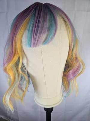 14 Inches Rainbow Wig Short Wavy Pastel Wig with Bangs Multi Color Wigs for...