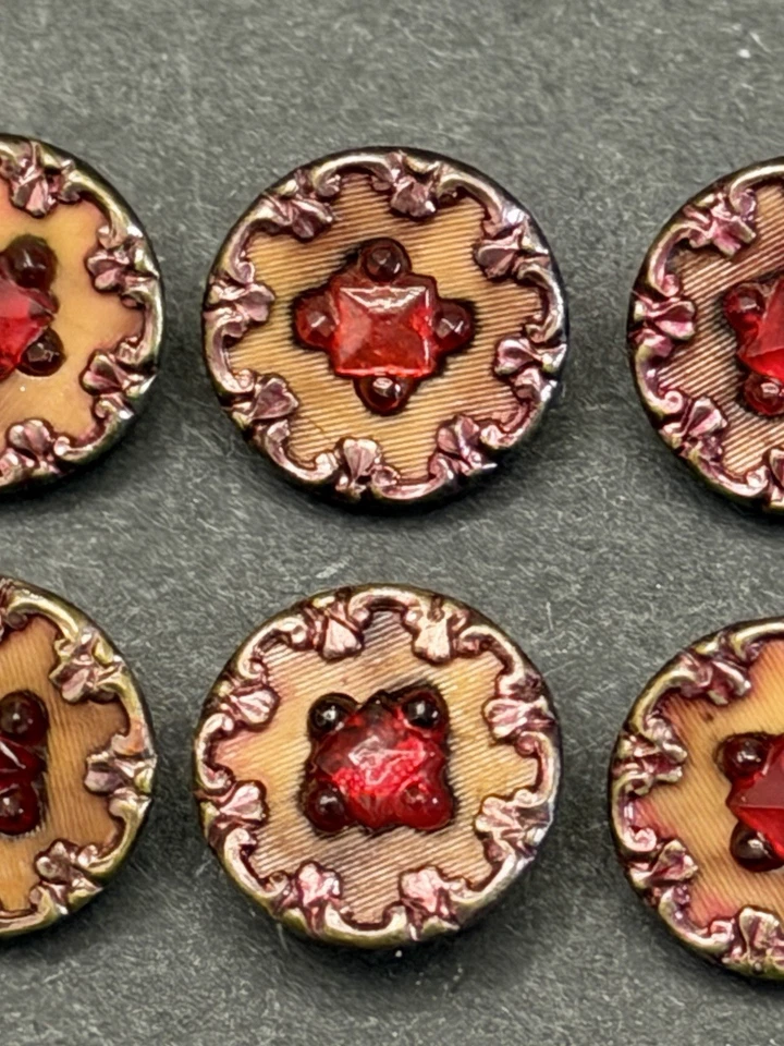 GORGEOUS Antique Vintage Set of 6 Red Glass & Metal Buttons - 7/16" (C13) - Image 3 of 4