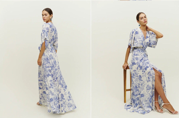 REFORMATION Winslow Blue Floral Wrap V -Neck  Dress Size XL Cottage Garden Party