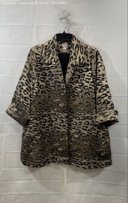 Chico's Women's Gold Leopard Print Jacquard Open Front Topper Jacket Sz 2P
