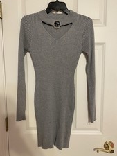 Say What Gray Knit Bodycon Dress With Keyhole Neck and Ring Accent, Size Medium