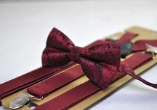 Wine Red Burgundy Polyester Silk Feel Bow tie Bowtie + Elastic Braces Suspenders