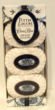 Potter & Moore China Blue Fine Soap 3 Bars Made in England White Willow Ginseng