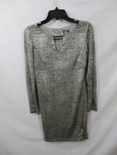 Vince Camuto Dress Womens 2 Gray Sheath Long Sleeve V Neck Midi Zip Back