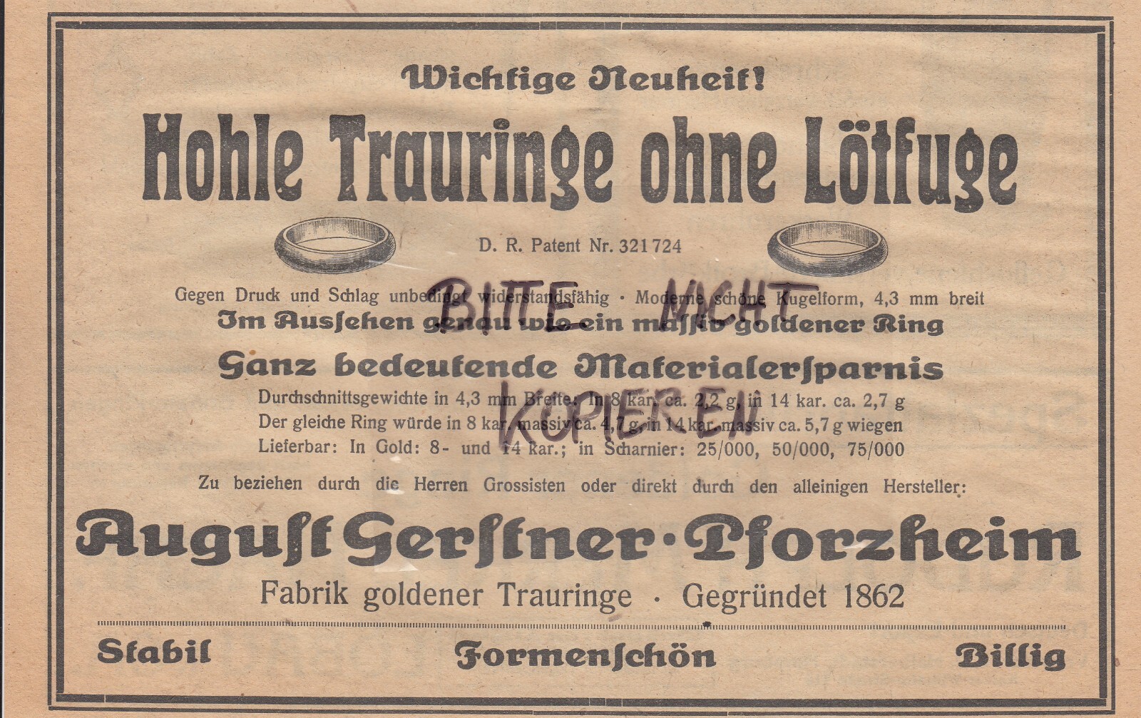PFORZHEIM, Werbung 1920, August Gerstner Fabrik goldener Trauringe eBay
