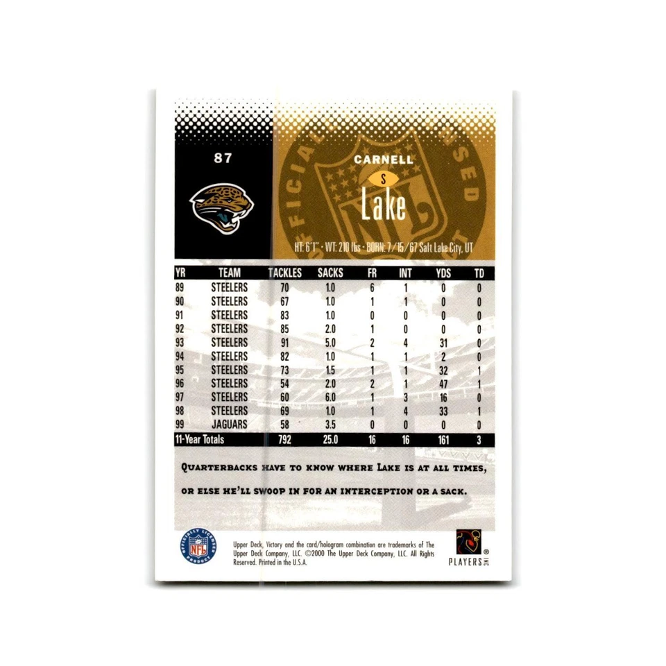Carnell Lake 2000 Upper Deck Victory #87 Jacksonville Jaguars Football Card NM - Image 2 of 3