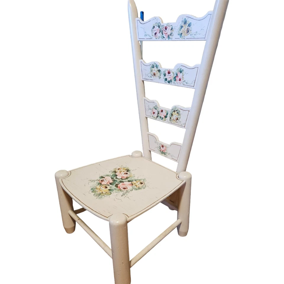 Silla rosa floral pintada a mano vintage para niños niñas firmada por Artist Post años 60 Foto 4 de 4