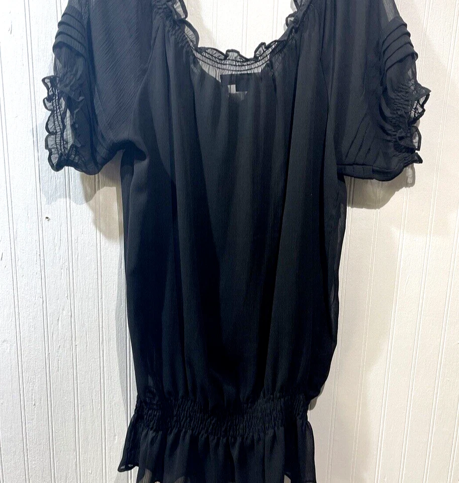 Blusa/cuello de barco negro transparente Miley Cyrus escote redondo o fuera del hombro~Talla XL~Boho/Y2K Foto 2 de 4