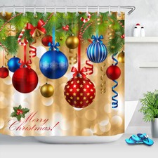 Merry Christmas Baubles Fir Twigs Fabric Shower Curtain Set Bathroom Decor