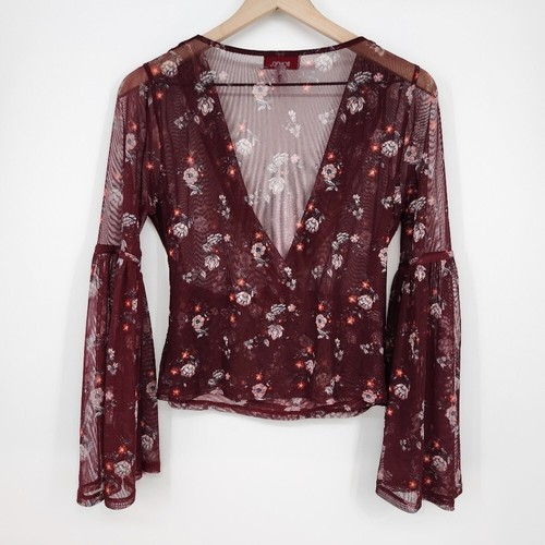 Bongo Womens Faux Wrap Top Size M Oxblood Floral Sheer Whimsigoth Dark Romantic - Picture 6 of 6