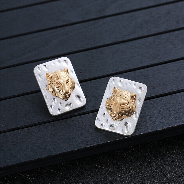 Alternate view of Gold Plated 925 Silver Plated Hammered Tiger Lion Stud Earrings 0.90 Inch