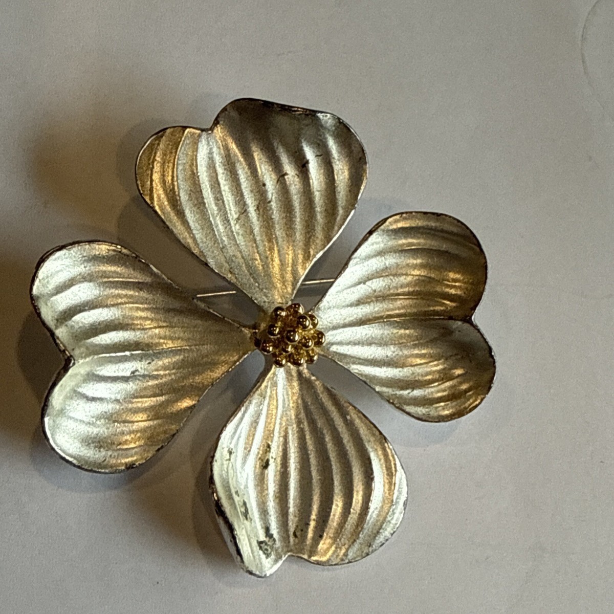 Signed AK Anne Klein Silver tone Textured Flower Dogwood Brooch Pin  VINTAGE