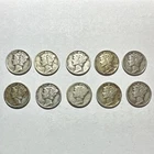Lot of 10 Mercury (Winged Liberty Head) Silver Dimes 10C 0.9 Fine Circulated