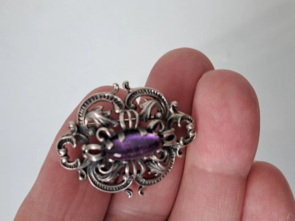 Brosche, 925 Argento Con Ametista, Molto Bella, Vecchia Spilla - Immagine 4 di 4