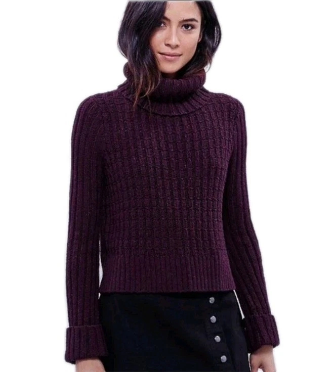 Suéter tejido grueso ciruela púrpura oscuro Free People para mujer L cuello tortuga
