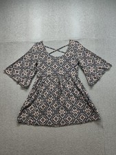 Blue Rain Dress Womens Small Navy Peach Boho Bell Sleeve Crisscross Rayon Print