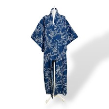 Vintage Kimono Robe Blue Floral One Size Full Length 1970s Unisex Bamboo Print