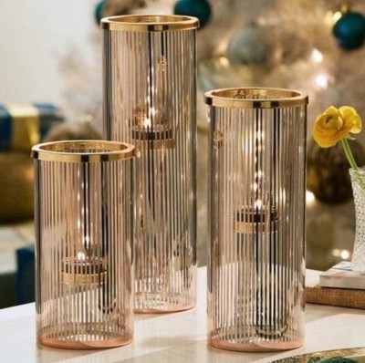 Partylite Pinstripe Glam Tealight Holder Trio Tall Glass Goldtone P93182 Glass 3