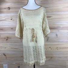 Sanctuary Crochet Cover Up Dress Womens Medium Cream Ivory Boho Tassels Boho