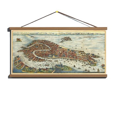 Antique 1670 Panoramic Map Plan View of Venice; Canvas, Magnetic Wooden Hanger