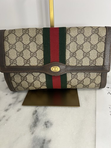 Gucci Clutch Handbag Ophidia GG Supreme Web Sherry Brown Med Vintage Authentic