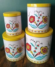 Rare Vintage J L Clark Berggren Swedish Floral 4 Tin Canister Set Nesting READ