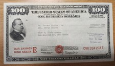 November 1944 Series E $100 United States War Savings Bond C88 324 203 E