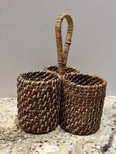 Vintage 3 Slot Rattan Woven Utensil Caddy  Natural