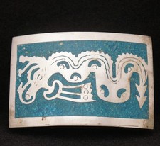 WB15120 GREAT VINTAGE 1970s STONE INLAY  CHINESE DRAGON  ARTWORK BELT BUCKLE