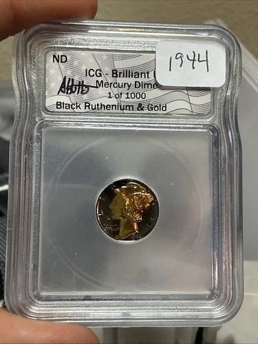 1944 P Mercury Dime ICG Brilliant Unc. Black Ruthenium/Gold SIGNED