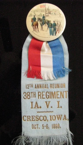 CIVIL WAR 38TH IOWA MARTYR REGIMENT REUNION BADGE CRESCO IOWA 1898