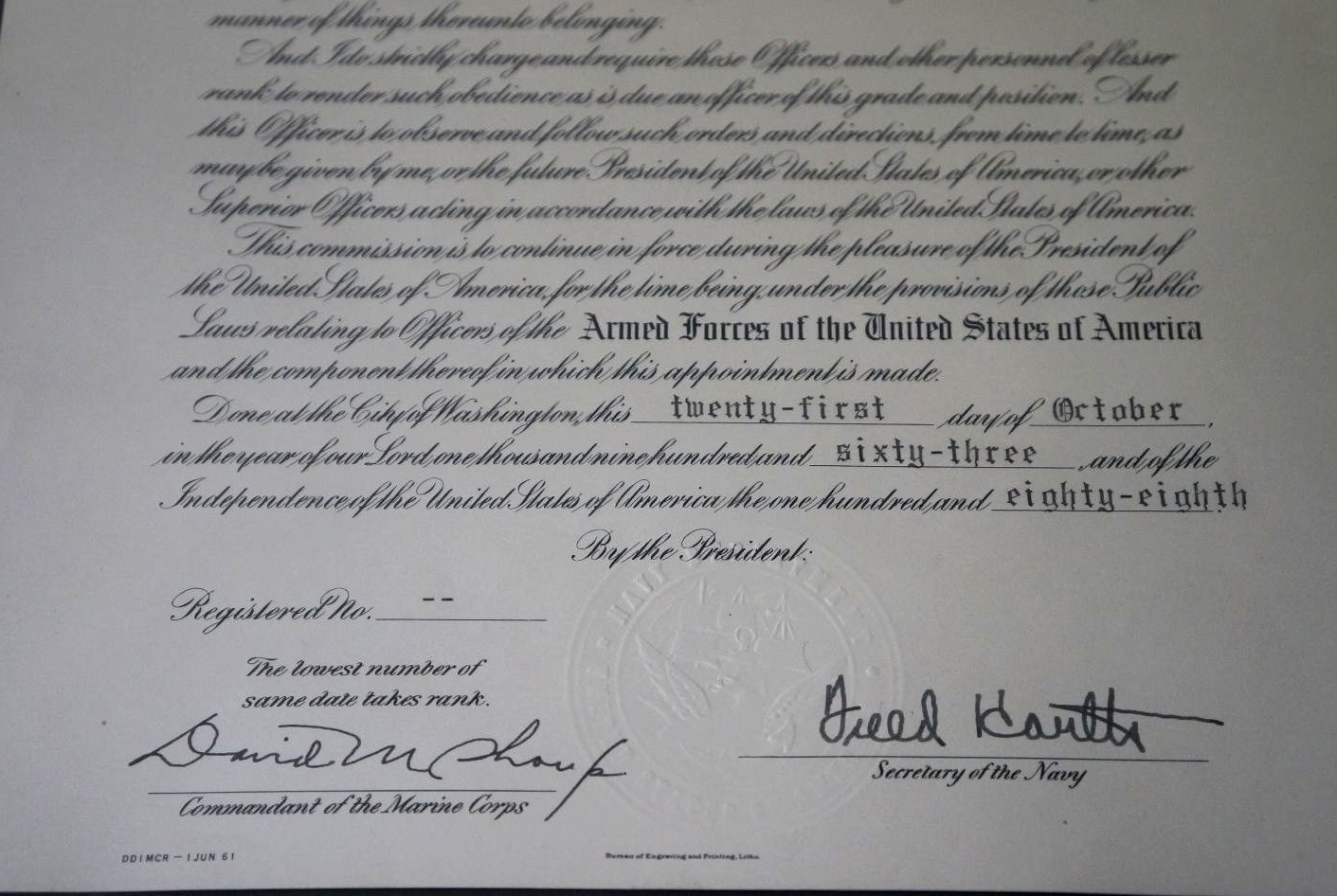 JAMES E SWETT US Marine RARE Colonel Promotion Certificate WWII Ace 15.