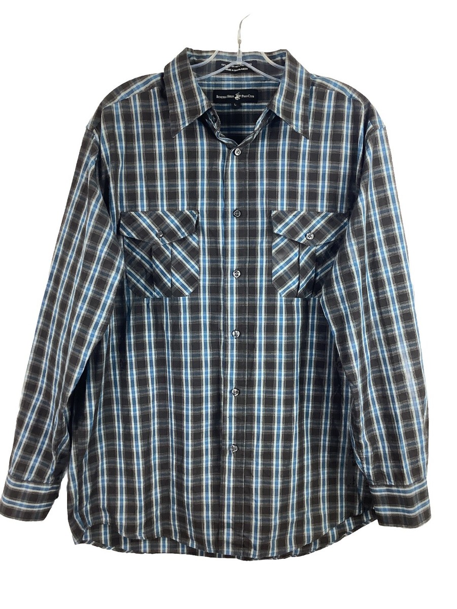beverly hills polo dress shirts Beverly Hills Polo Club Plaid Long Sleeve Button Down Shirt Size L  Black/Blue