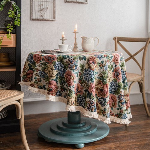 Round Tablecloth Vintage Print Tassel Tea Table Cloth Cover Dining Kitchen Decor - Picture 18 of 58