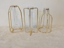 Set of 3 Propagation Tubes or Bud Stem Vases in Gold Colored Metal Stands