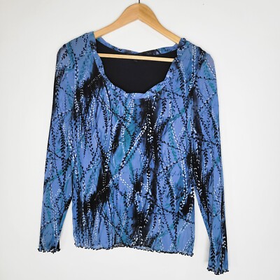 GNW Blue Micro Mesh Floral Top Size L Lettuce Trim Lined Abstract Y2K Disco
