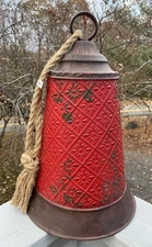 Contemporary Primitive Rustic Farmhouse Style Tin Bell w/ Rope Shabby Red Decor